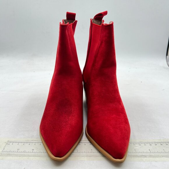 Red Pointed Toe Chunky Heel Stretch Pull On Ankle Boot Comfy Winter Bootie - Picture 2 of 7